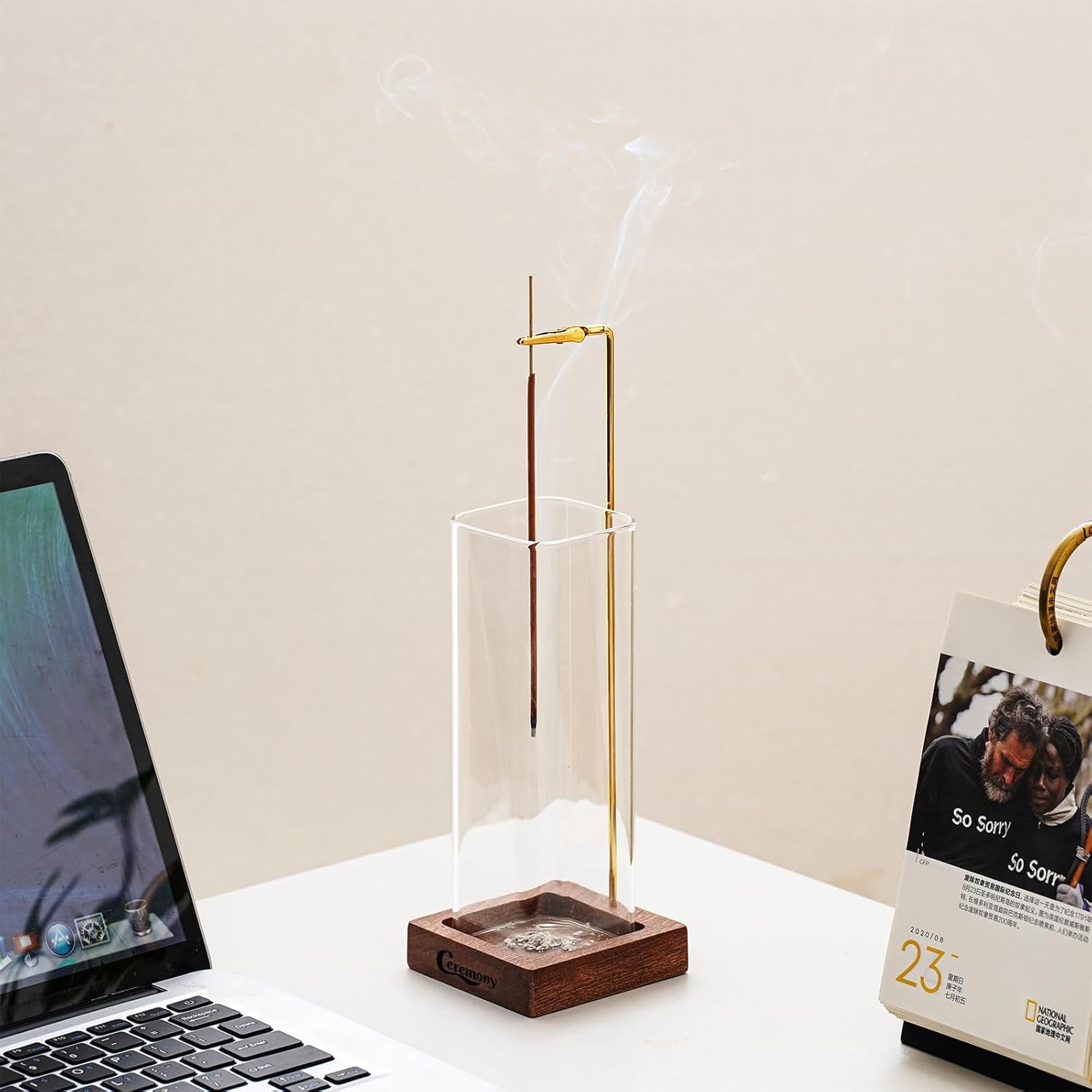 Incense Holder, Wooden Incense Holder for Sticks with Glass Ash Catcher, Anti-Ash Incense Burner with 20 Incense Sticks and a Ash Brush for Meditation Yoga Spa Room Decor