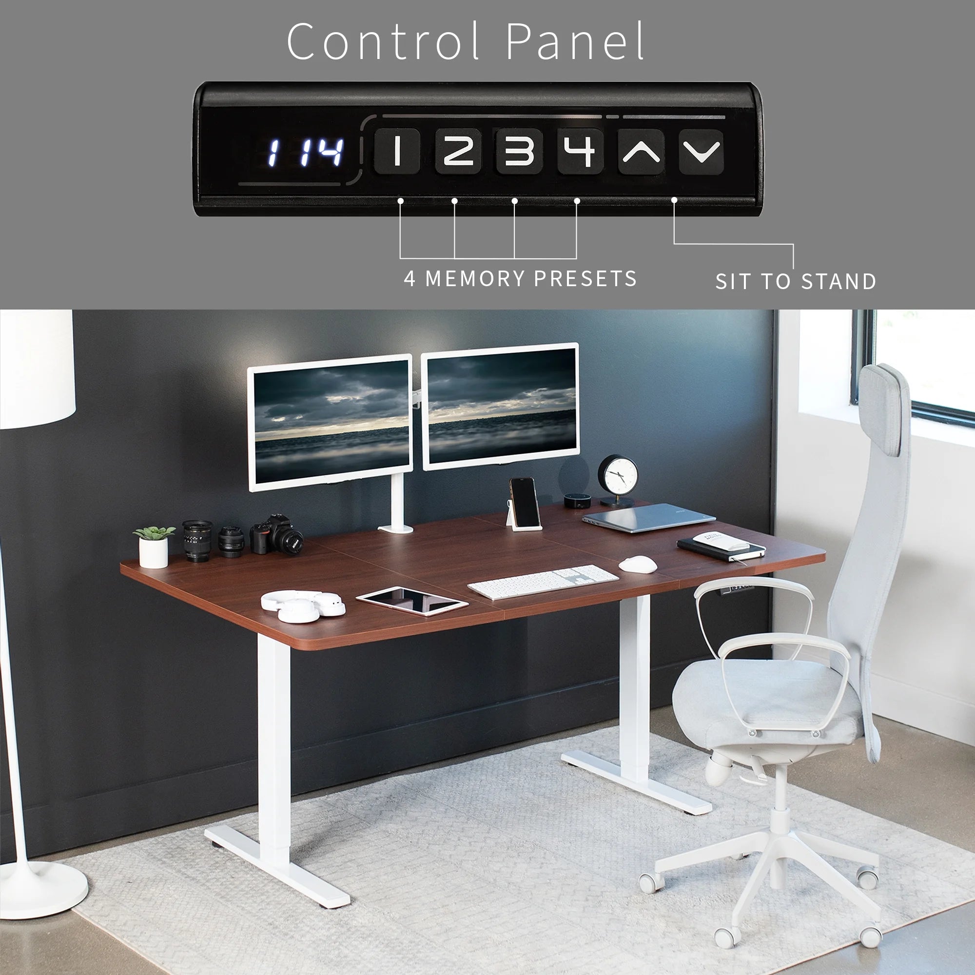 Electric 71” X 36” Stand up Desk, Dark Walnut Table Top, White Frame