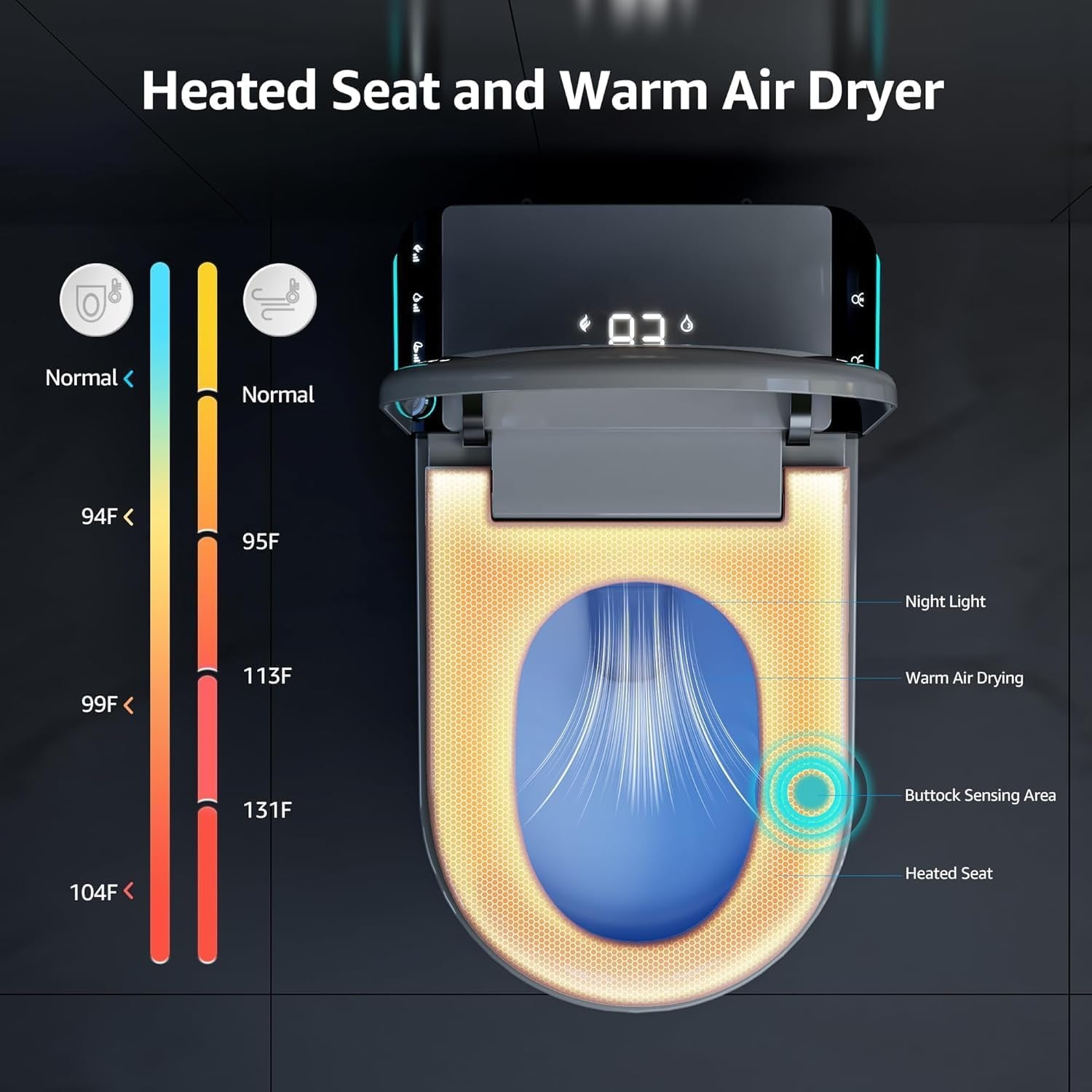 Smart Toilet with Auto Open/Close Lid, Bidet Toilet Pump-Assisted, Blackout Flush, Heated Seat, Dual Auto Flush, Warm Water, Foot Sensor Operation, Tankless Elongated Toilets with LED Display