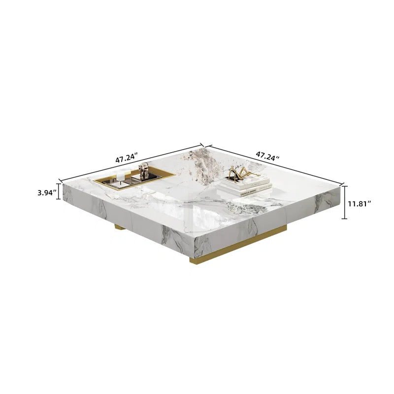 Oversized Modern Marble Coffee Table, 47.2'' Square with Fixed Tray & Glossy Base – Luxury Centerpiece for Living Room
