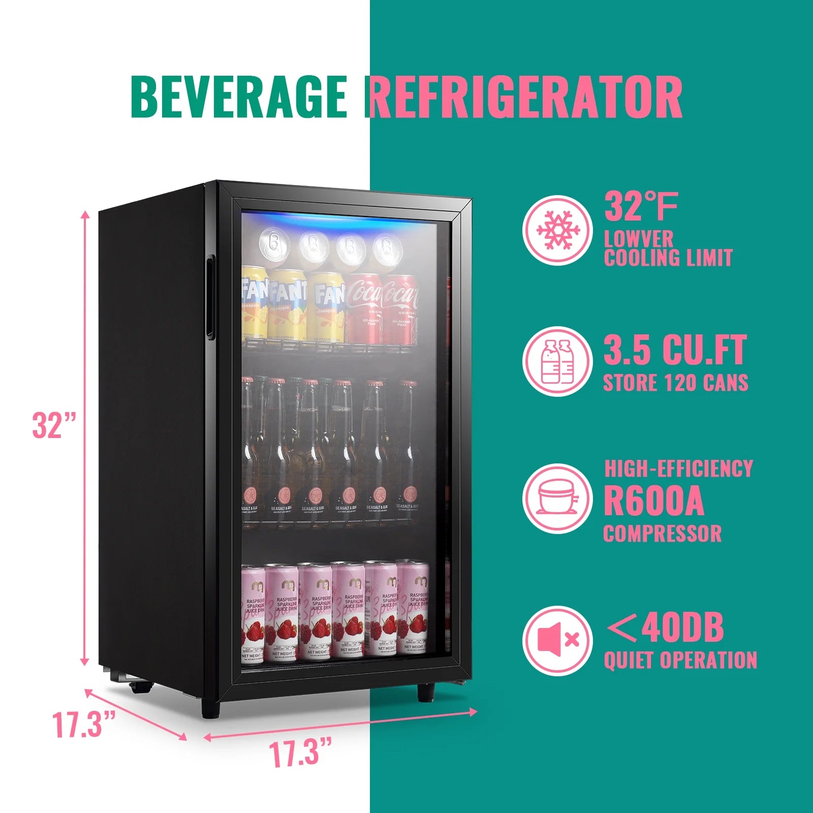 125 Can Mini Fridge Glass Door 3.5 Cu.Ft Beverage Cooler Refrigerator for Drink Soda Wine