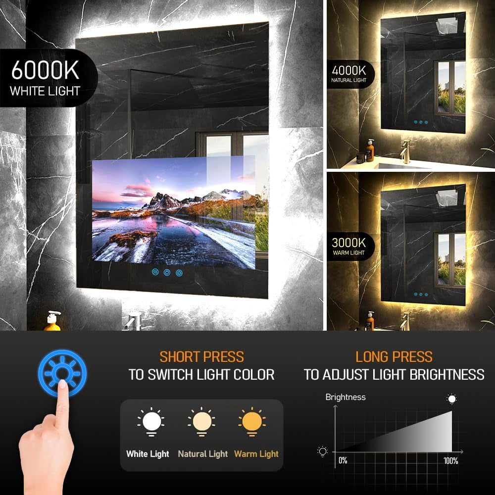 32"X24" Smart Waterproof Anti-Fog Vanity Mirror with Built-In 21.5" Touch Display, Android OS, Adjustable 3-Color LED, Bluetooth/Wifi/Hdmi, Streaming Apps for Bathroom & Bedroom