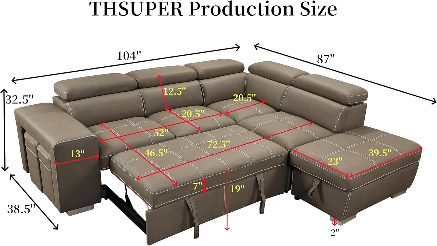 104'' Microfiber Sectional Sleeper Sofa with Pull-Out Bed,Couch with Storage Ottoman & Chaise, 5 Seat L-Shape Sofa with Adjustable Headrest & Two Stools. Light Brown