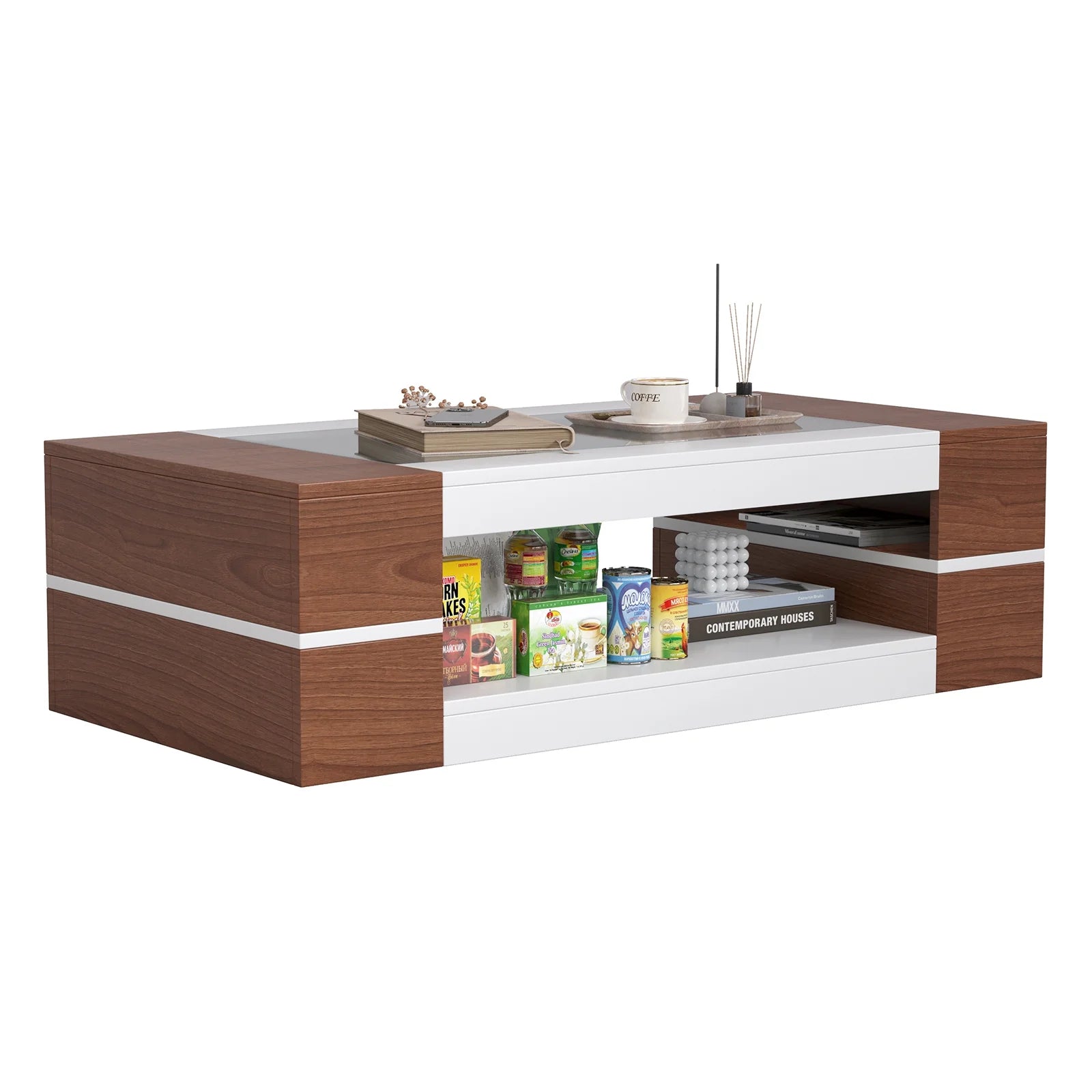 47.2" Modern White Walnut Coffee Table with Glass Top - 2-Tier Storage Design for Living Room, Reception & Dining | Sleek Rectangular Center Table