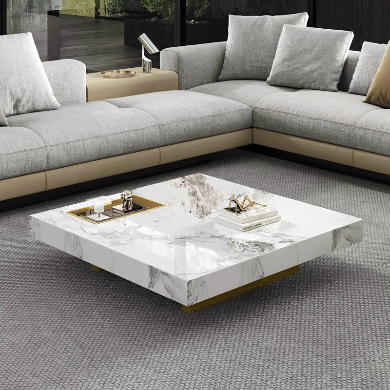 Oversized Modern Marble Coffee Table, 47.2'' Square with Fixed Tray & Glossy Base – Luxury Centerpiece for Living Room