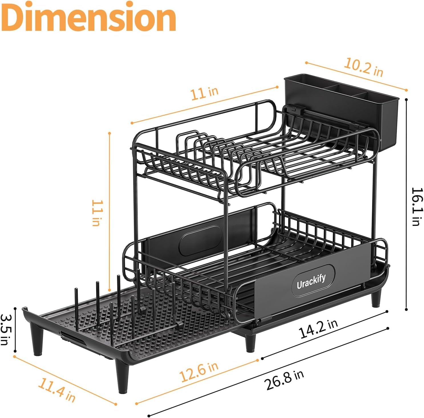Dish Drying Rack for Kitchen Counter, Expandable 2 Tier Dish Rack, Large Capacity Dish Drainer with Drainboard Multifunctional Dish Strainer with Removable Cutlery Holder Black