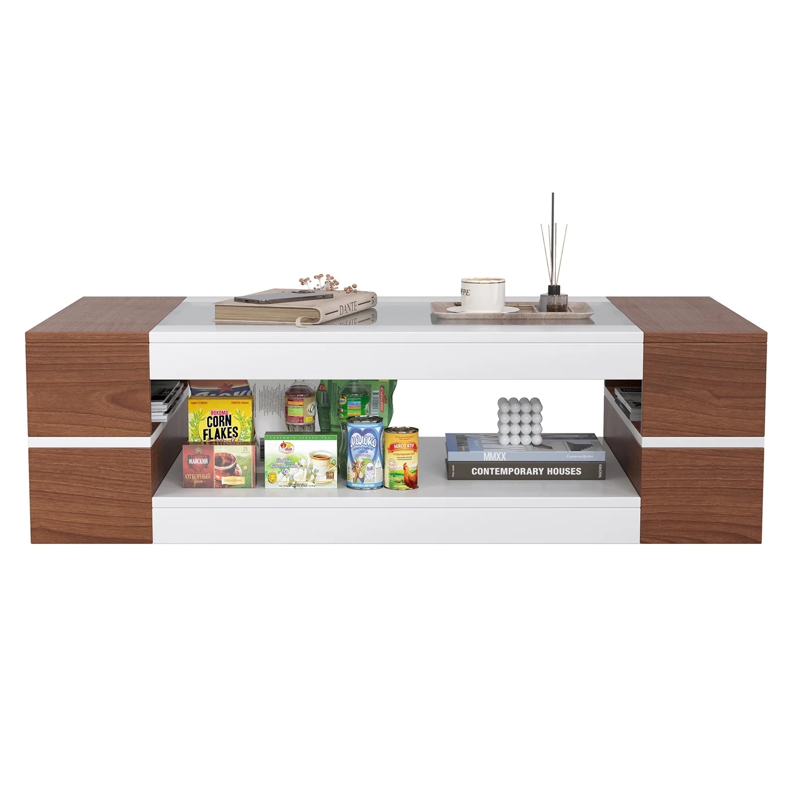47.2" Modern White Walnut Coffee Table with Glass Top - 2-Tier Storage Design for Living Room, Reception & Dining | Sleek Rectangular Center Table