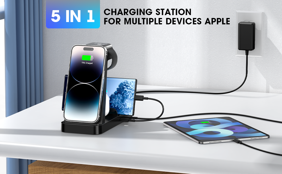 Wireless Charger for Iphone - 5 in 1 Charging Station for Multiple Devices Apple: Fast Wireless Charging Stand Dock for Iphone 16 15 14 13 12 Pro Max Apple Watch Airpods