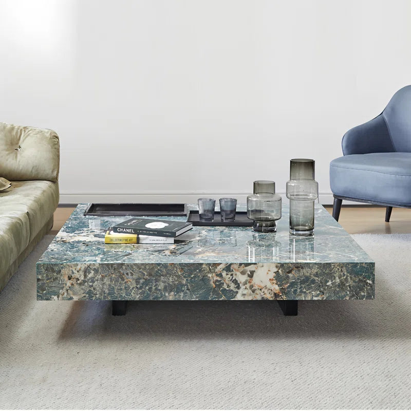 Oversized Modern Marble Coffee Table, 47.2'' Square with Fixed Tray & Glossy Base – Luxury Centerpiece for Living Room