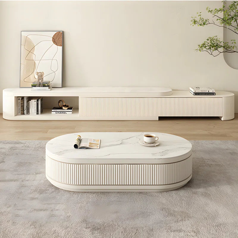 Bilawal Cream Style Oval Extendable Coffee Table Solid Wood with 4 Drawers, No-Assembly Required