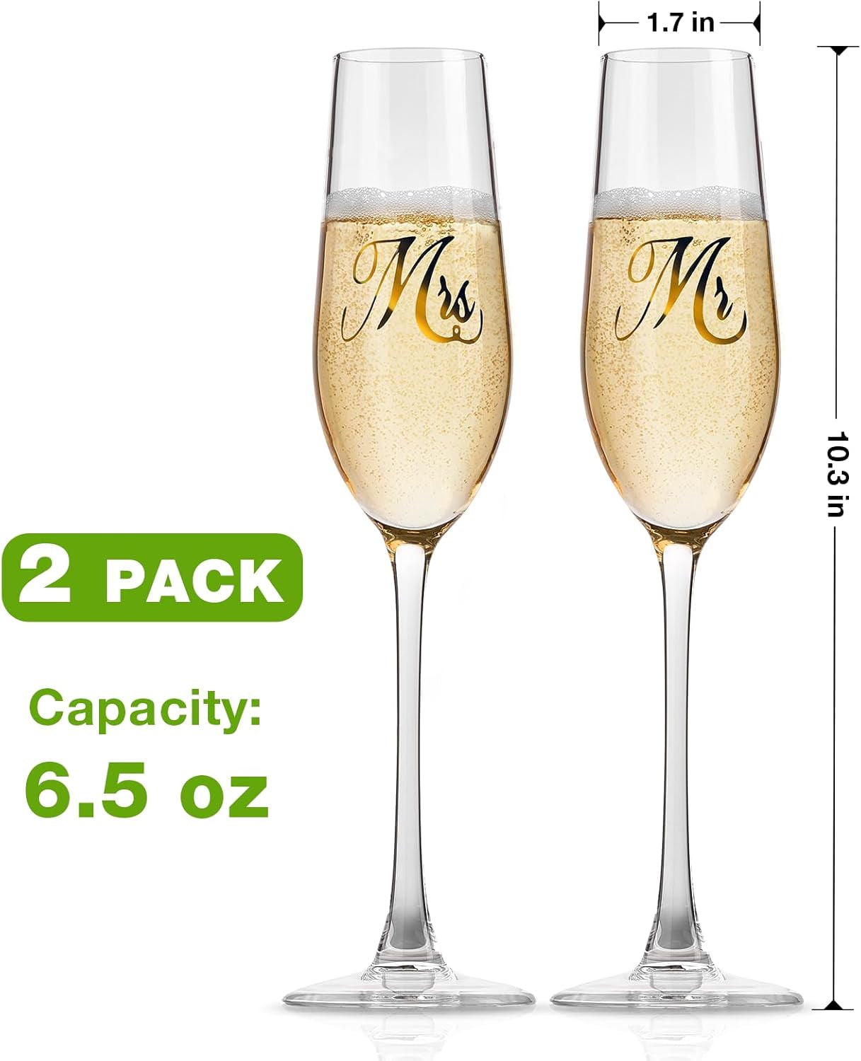 Mr. & Mrs. Champagne Flute Set, Wedding Decor - His and Hers, Wedding Toasting Glasses for Engagement Celebrations, Bridal Shower and Registry Idea, Tall Wine Glasses for Bride and Groom Gifts