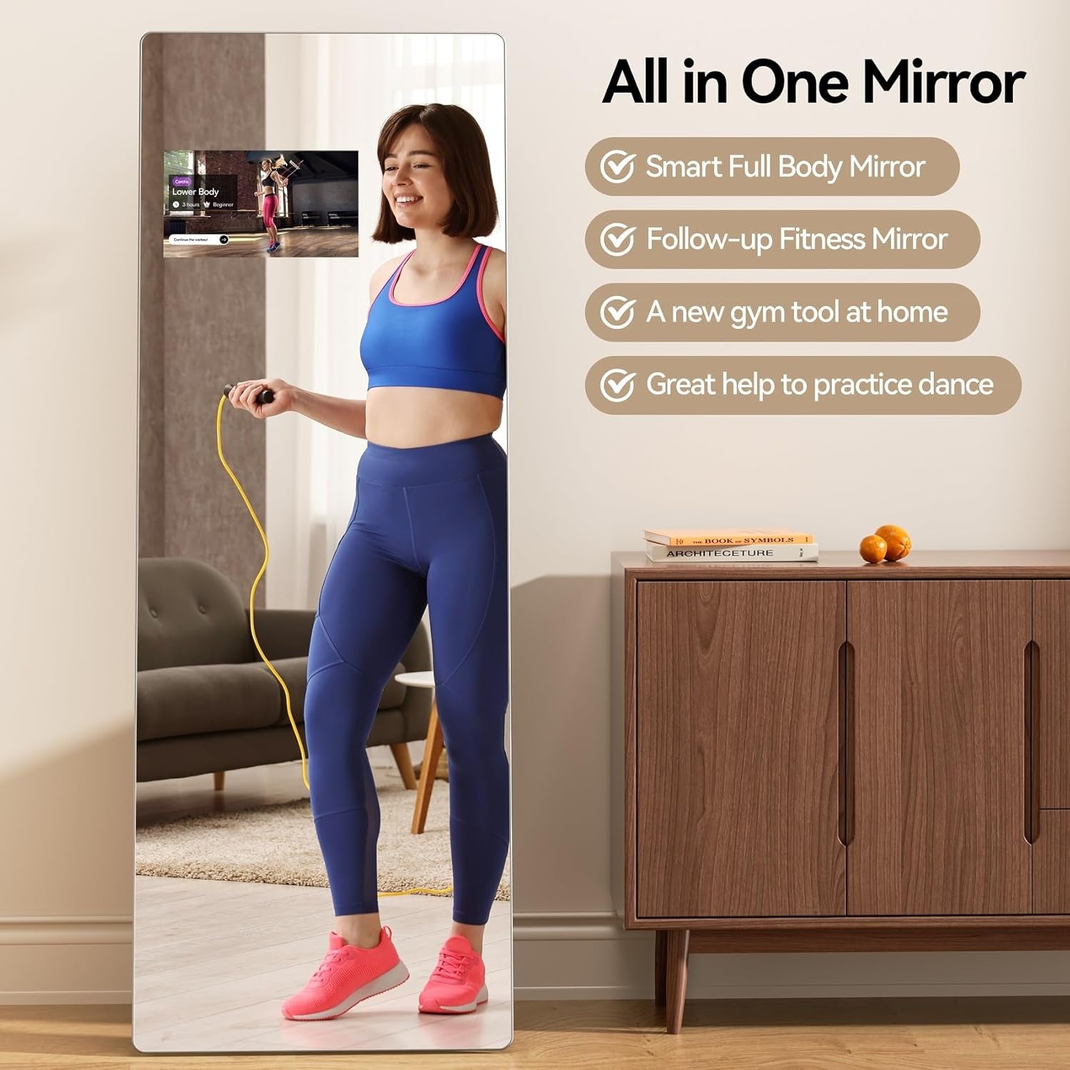 Large Smart Home Gym Mirror, 65''X23.6'' Glass Workout Mirror, HD Full Length Floor Mirror with 14" Screen Mirroring for Fitness, Yoga, Dance Studio and Garage (Landscape Screen)