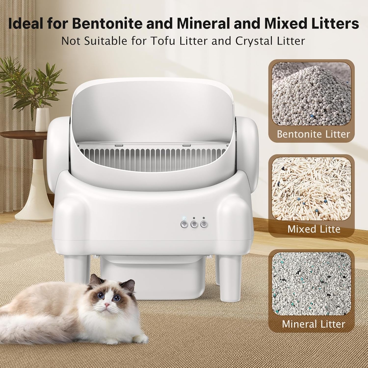 Self Cleaning Litter Box,Open Top Automatic Litter Box with App Control for Multiple Cats, Safety Sensors Protection, Odor Control Includes 2 Roll Liners,Large Waste Bin, Cream White