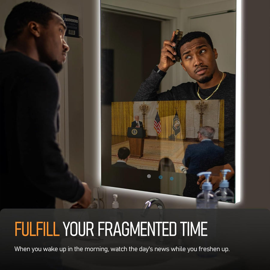 32"X24" Smart Waterproof Anti-Fog Vanity Mirror with Built-In 21.5" Touch Display, Android OS, Adjustable 3-Color LED, Bluetooth/Wifi/Hdmi, Streaming Apps for Bathroom & Bedroom