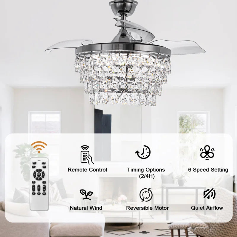 42" Luxury Retractable Ceiling Fan with Remote and Lights, Crystal Chandelier Ceiling Fan