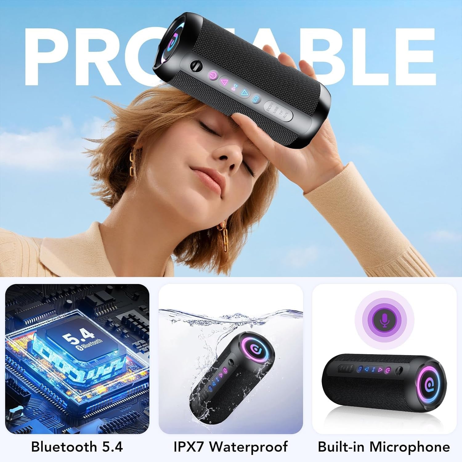 Portable Bluetooth Speaker, Bluetooth 5.4 Speaker, 30W Dual Speaker, Deep Bass, 30H Playtime, 3 EQ Mode, Colorful RGB Lights, IPX7 Waterproof, TWS Pairing for Outdoor/Home/Party/Travel, Gift Ideas