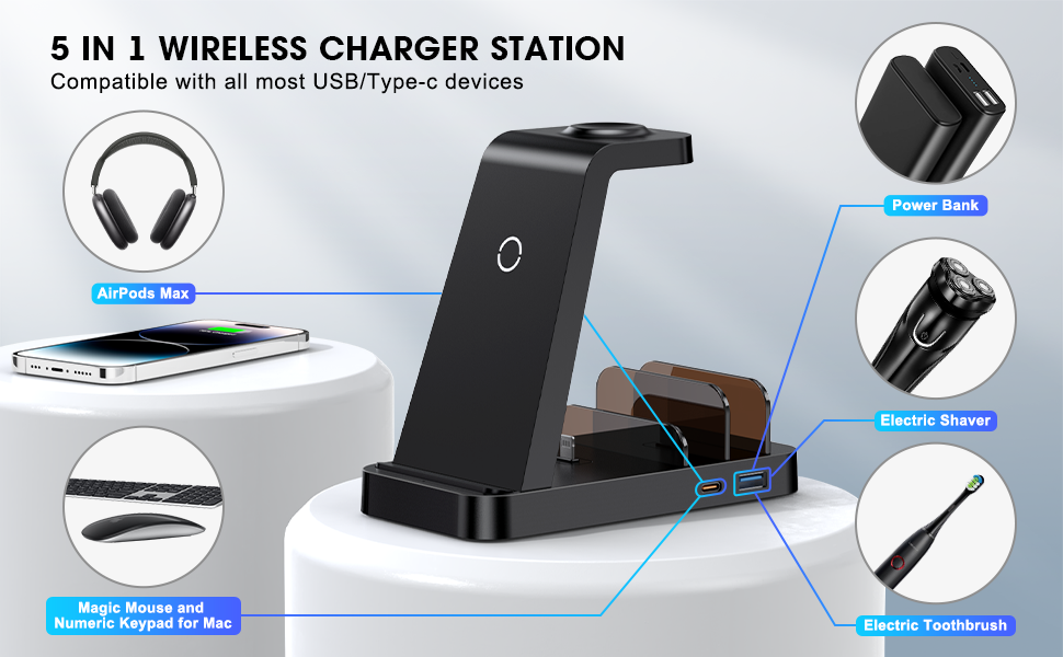 Wireless Charger for Iphone - 5 in 1 Charging Station for Multiple Devices Apple: Fast Wireless Charging Stand Dock for Iphone 16 15 14 13 12 Pro Max Apple Watch Airpods