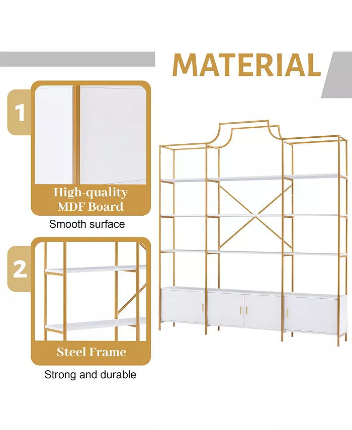 78 Inch 4 Tiers Home Office Bookcase Bookshelf, Storage Cabinet Display Shelf, X Bar Gold Frame