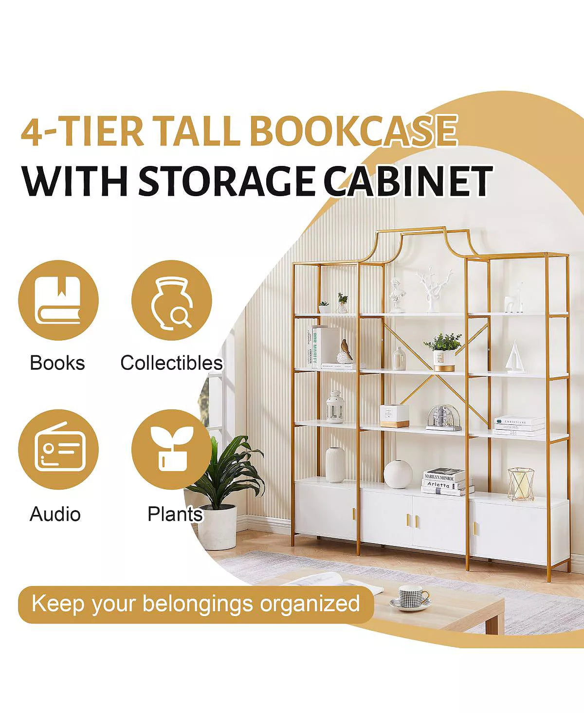 78 Inch 4 Tiers Home Office Bookcase Bookshelf, Storage Cabinet Display Shelf, X Bar Gold Frame