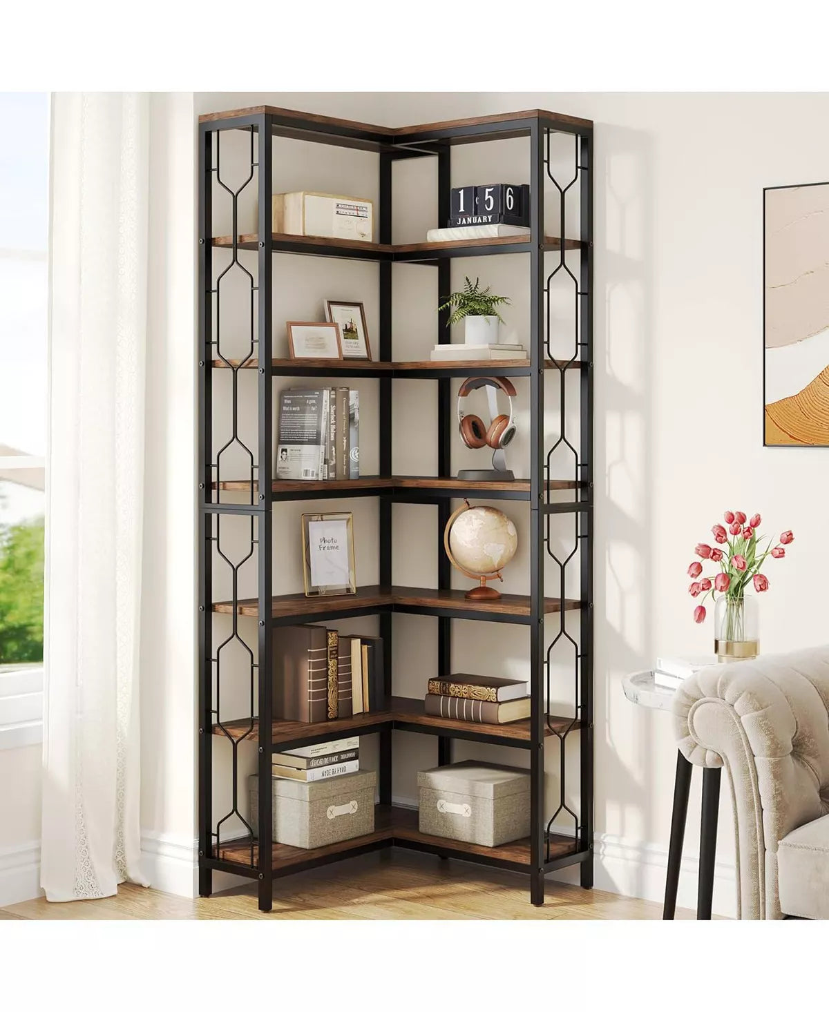 7-Tier Industrial Corner Bookshelf | Freestanding Wood & Metal Corner Shelf | Space-Saving Display for Living Room, Kitchen, or Home Office