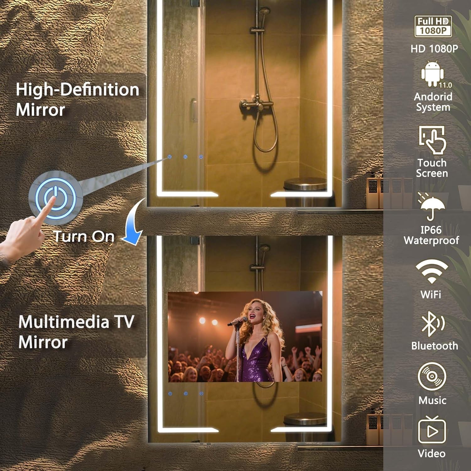 24X32'' Bathroom Vanity Mirror with 21.5'' Touch-Screen Smart TV, Streaming APP, Waterproof Defogging TV Mirror with 3 Color LED Light Wifi Bluetooth HDMI for Bathroom Hotel Hair Salon (2025)