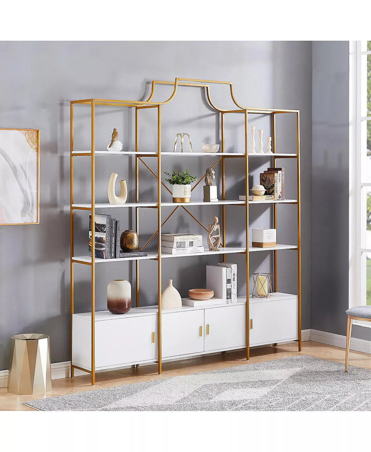 78 Inch 4 Tiers Home Office Bookcase Bookshelf, Storage Cabinet Display Shelf, X Bar Gold Frame