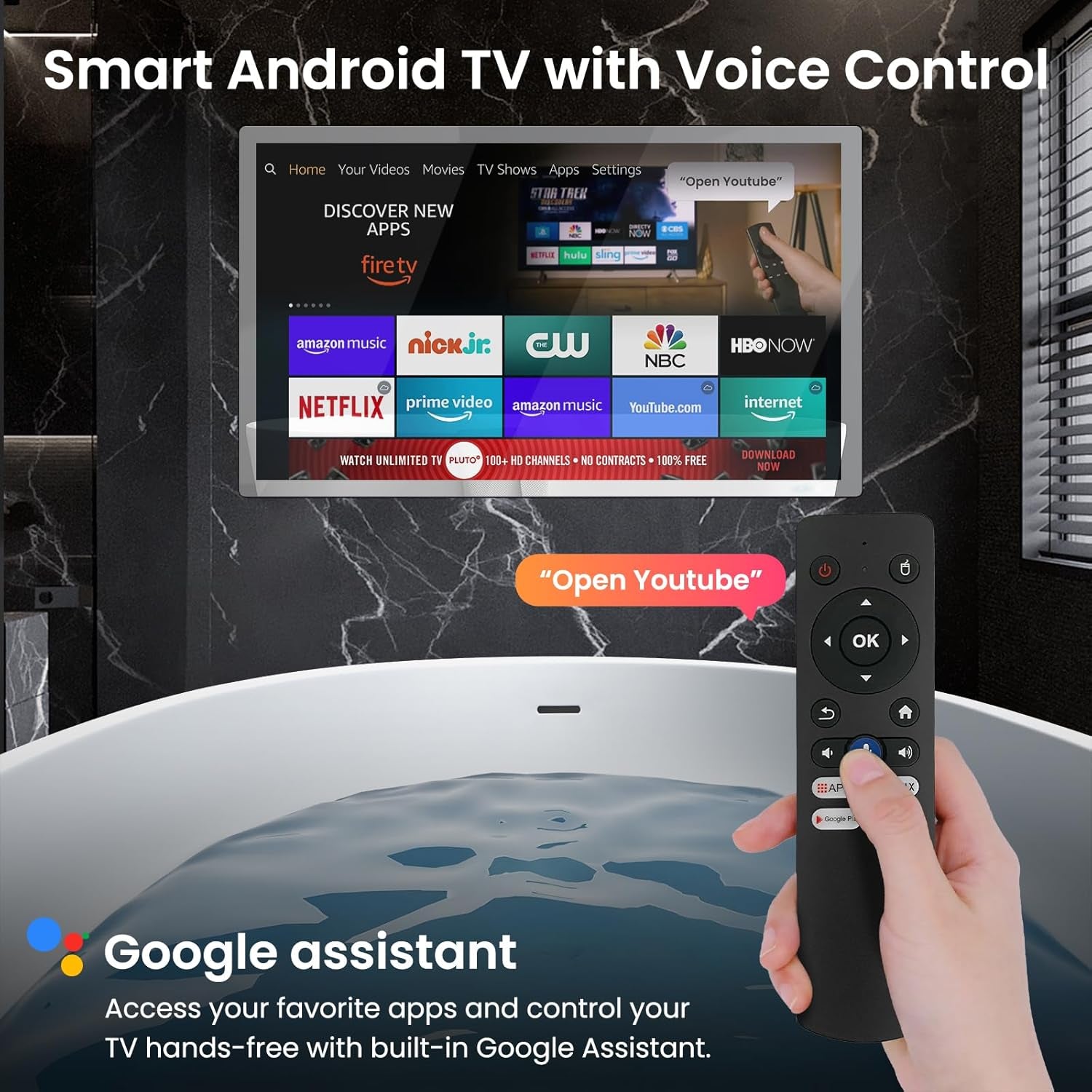 32" 4K Ultra HD Smart Bathroom Mirror TV, IP66 Waterproof, Android 13 System with Voice Remote for Google Assistant ATSC Tuner, 500 Cd/㎡ High Brightness (Black Frame, 2025 Model)