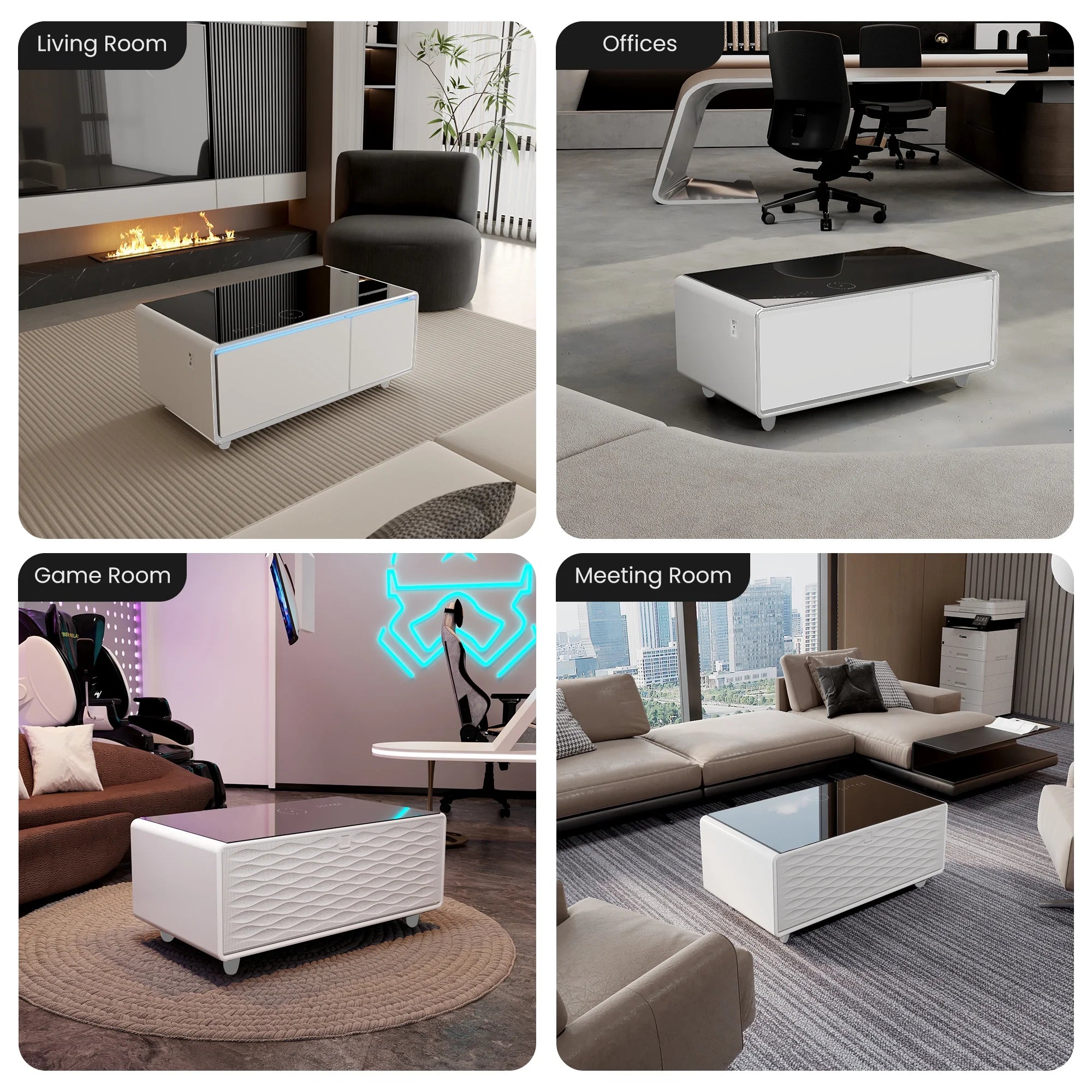 41" Smart Fridge Coffee Table, 93L Refrigerator, Bluetooth, Touch Control Panel, 15W Wireless Charger, USB Ports, Speaker, Atmosphere Light, for Living Rooms, Offices, Conference Rooms– White