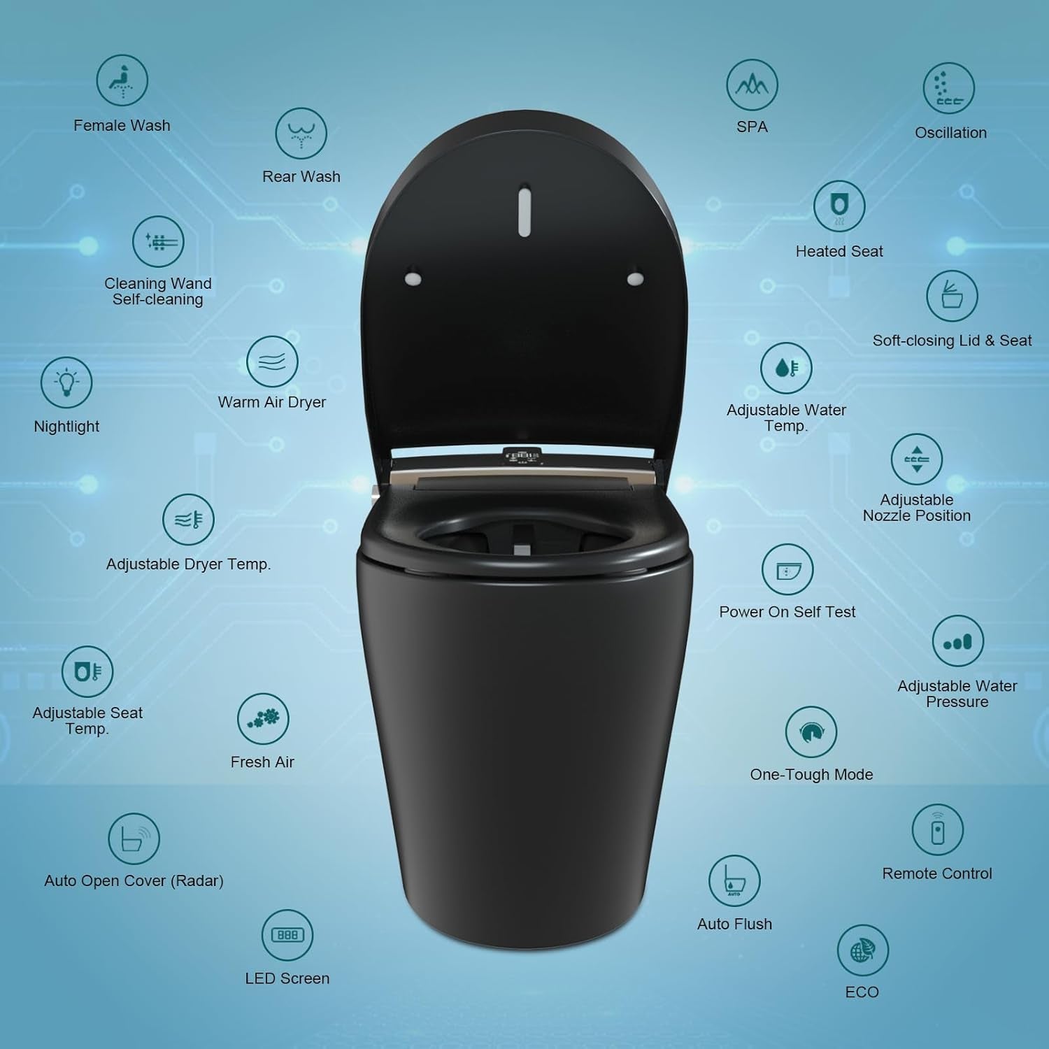 Black Smart Toilet with Auto Open Lid and Auto Flush, Modern Smart Tankless Instant Heating Toilet with Bidet Built In, Wireless Remotecontrol and Smart Knob.
