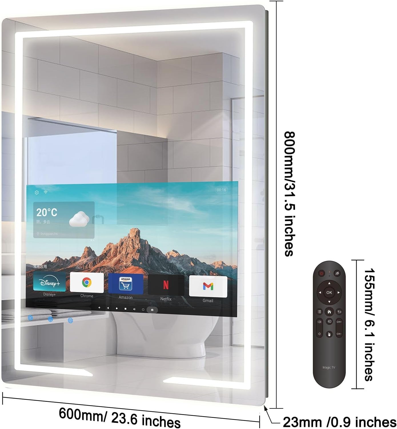 24X32'' Bathroom Vanity Mirror with 21.5'' Touch-Screen Smart TV, Streaming APP, Waterproof Defogging TV Mirror with 3 Color LED Light Wifi Bluetooth HDMI for Bathroom Hotel Hair Salon (2025)