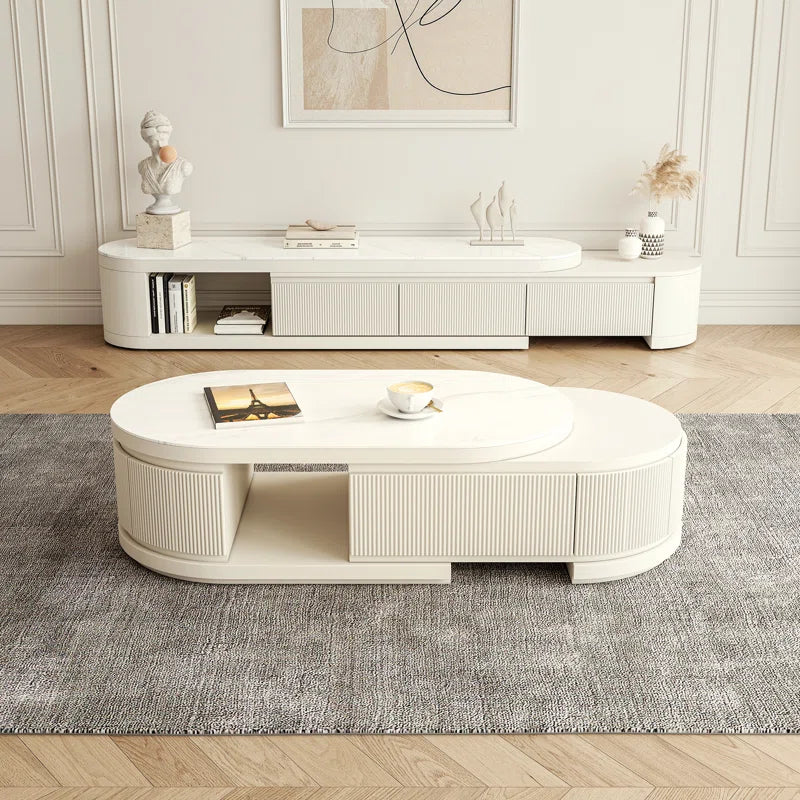 Bilawal Cream Style Oval Extendable Coffee Table Solid Wood with 4 Drawers, No-Assembly Required