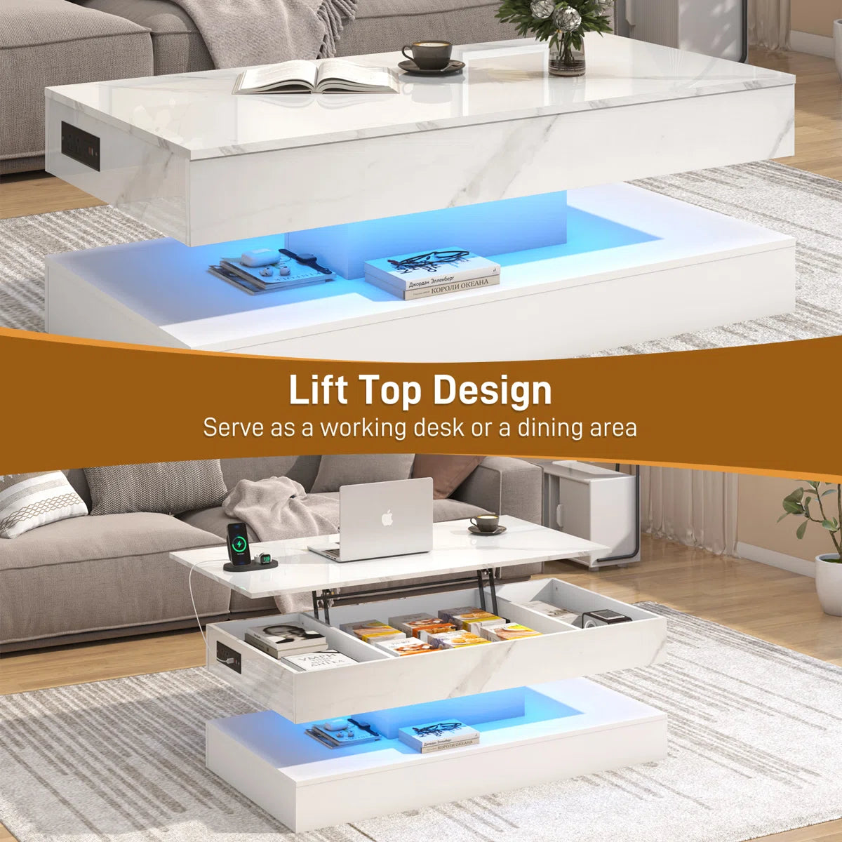Lux SmartLift™ LED High-Gloss Coffee Table w/ Lift-Top, Hidden Storage & Built-In Charging (White Marble, 47")