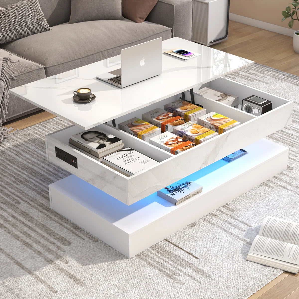 Lux SmartLift™ LED High-Gloss Coffee Table w/ Lift-Top, Hidden Storage & Built-In Charging (White Marble, 47")