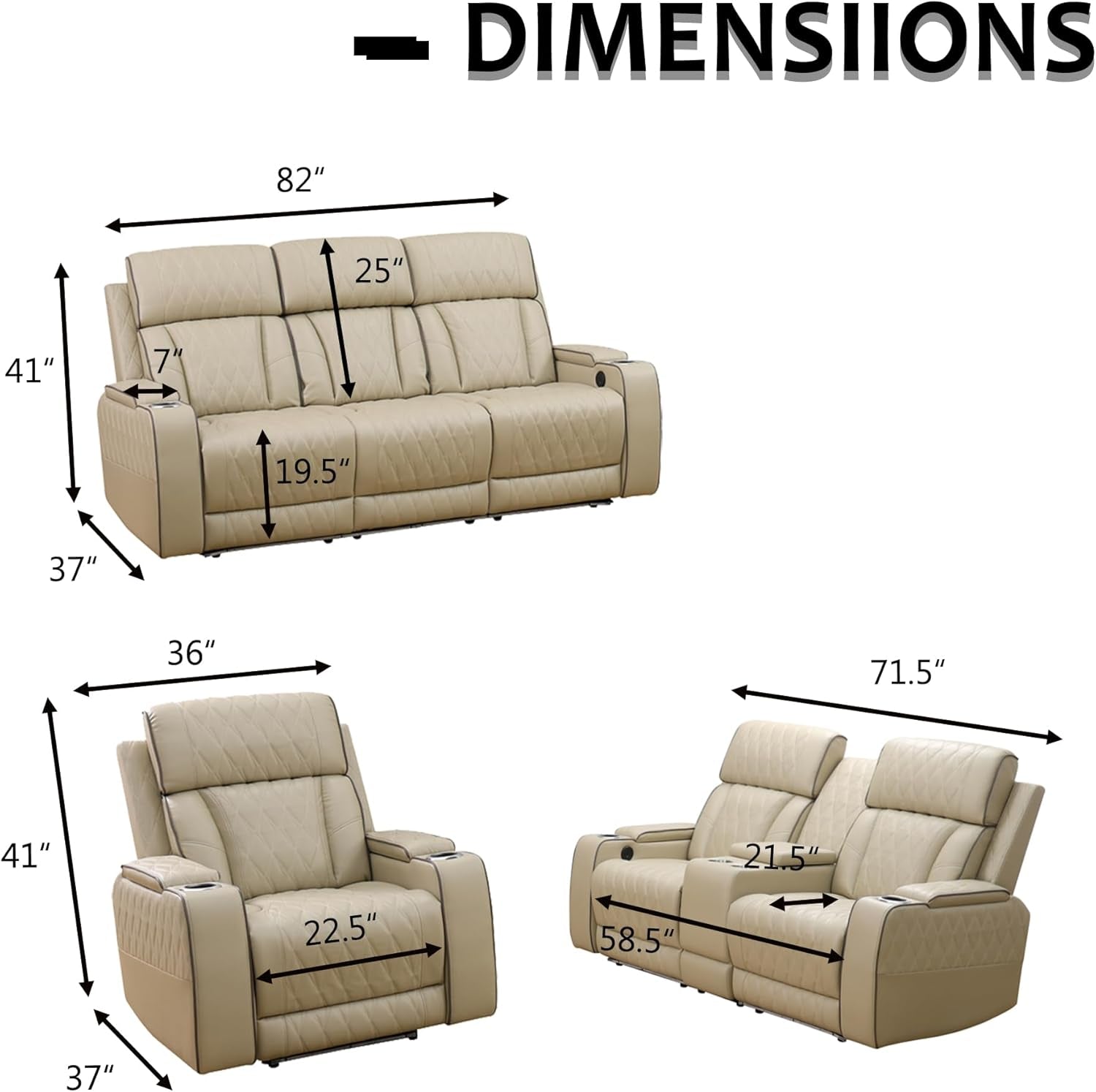 Power Recliner Sofa Set with LED, Breathing Leather Living Room Sofa Set, Power Reclining Sofa Recliner Couch with Cup Holder/Usb Ports (Sofa+Loveseat+Chair, Khaki)