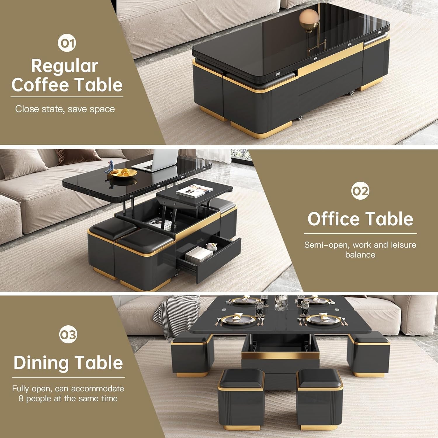 Lift Top Coffee Table with 4 Stools Hidden Storage, Rising Tabletop Table for Small Space,Center-Tables,Low Desk Sofa-Table,Black, 47.24In L