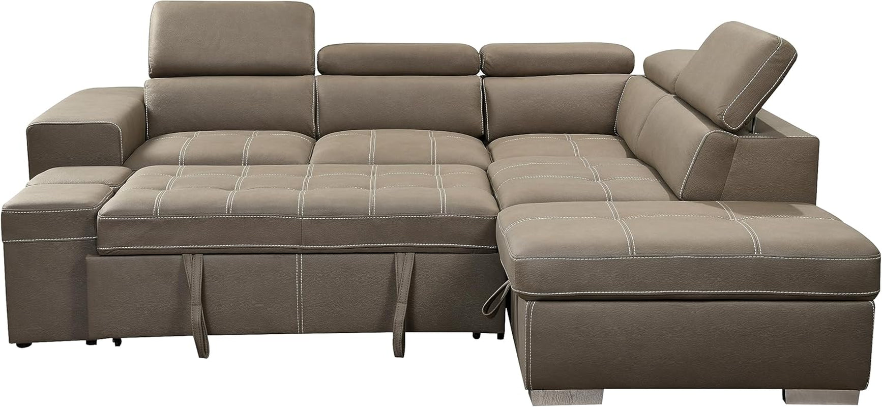 104'' Microfiber Sectional Sleeper Sofa with Pull-Out Bed,Couch with Storage Ottoman & Chaise, 5 Seat L-Shape Sofa with Adjustable Headrest & Two Stools. Light Brown