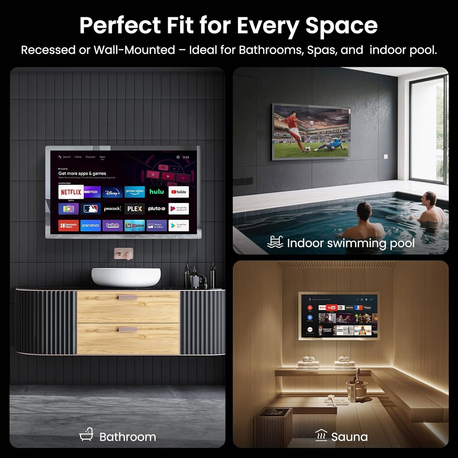 32" 4K Ultra HD Smart Bathroom Mirror TV, IP66 Waterproof, Android 13 System with Voice Remote for Google Assistant ATSC Tuner, 500 Cd/㎡ High Brightness (Black Frame, 2025 Model)