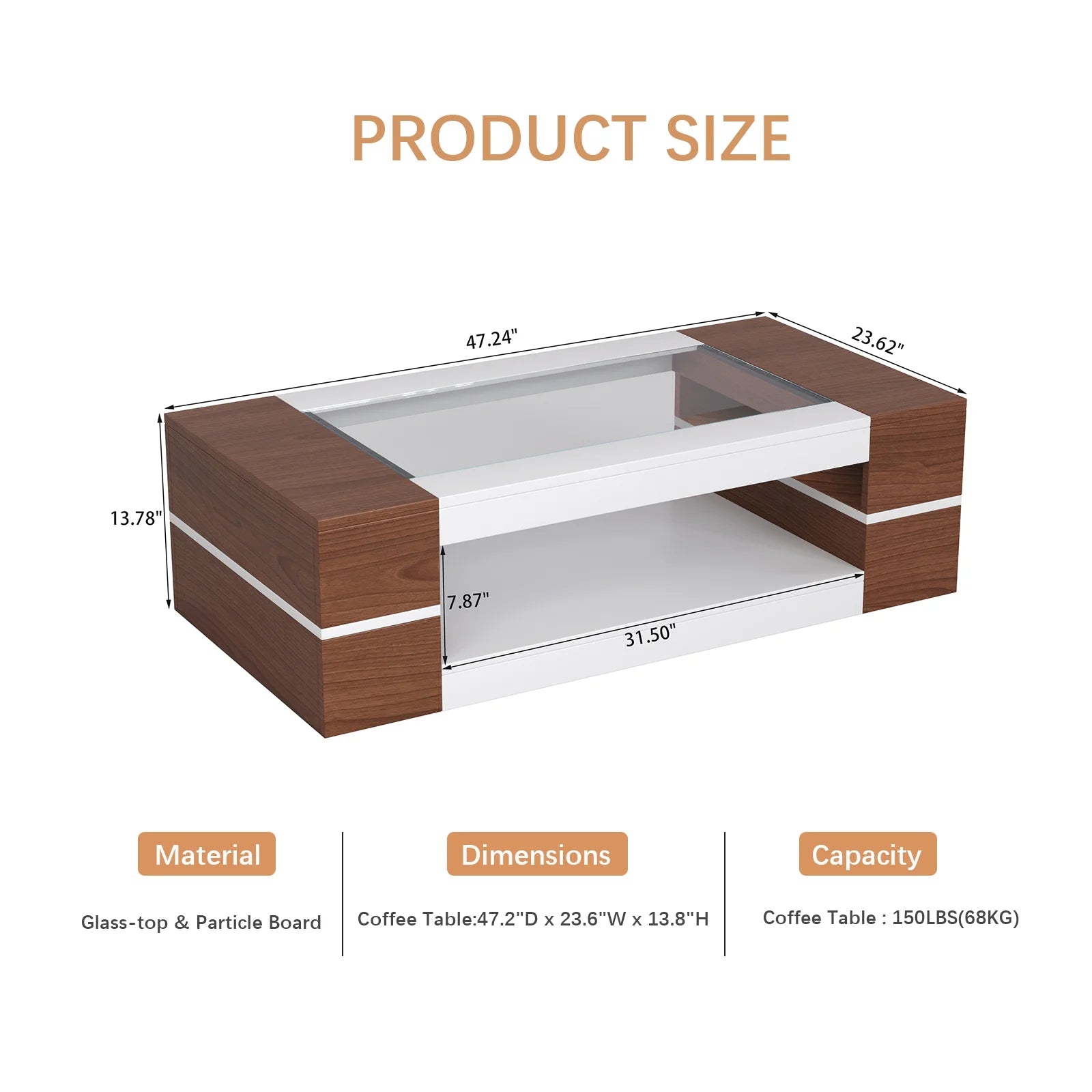 47.2" Modern White Walnut Coffee Table with Glass Top - 2-Tier Storage Design for Living Room, Reception & Dining | Sleek Rectangular Center Table