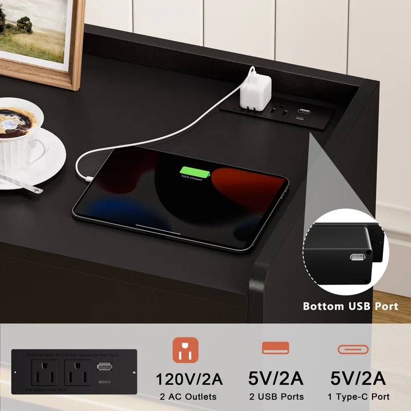 Modern Nightstand with 2 Drawers,Bedside Table with Outlets & LED Lights, File Cabinet with Slanted & Wavy Design