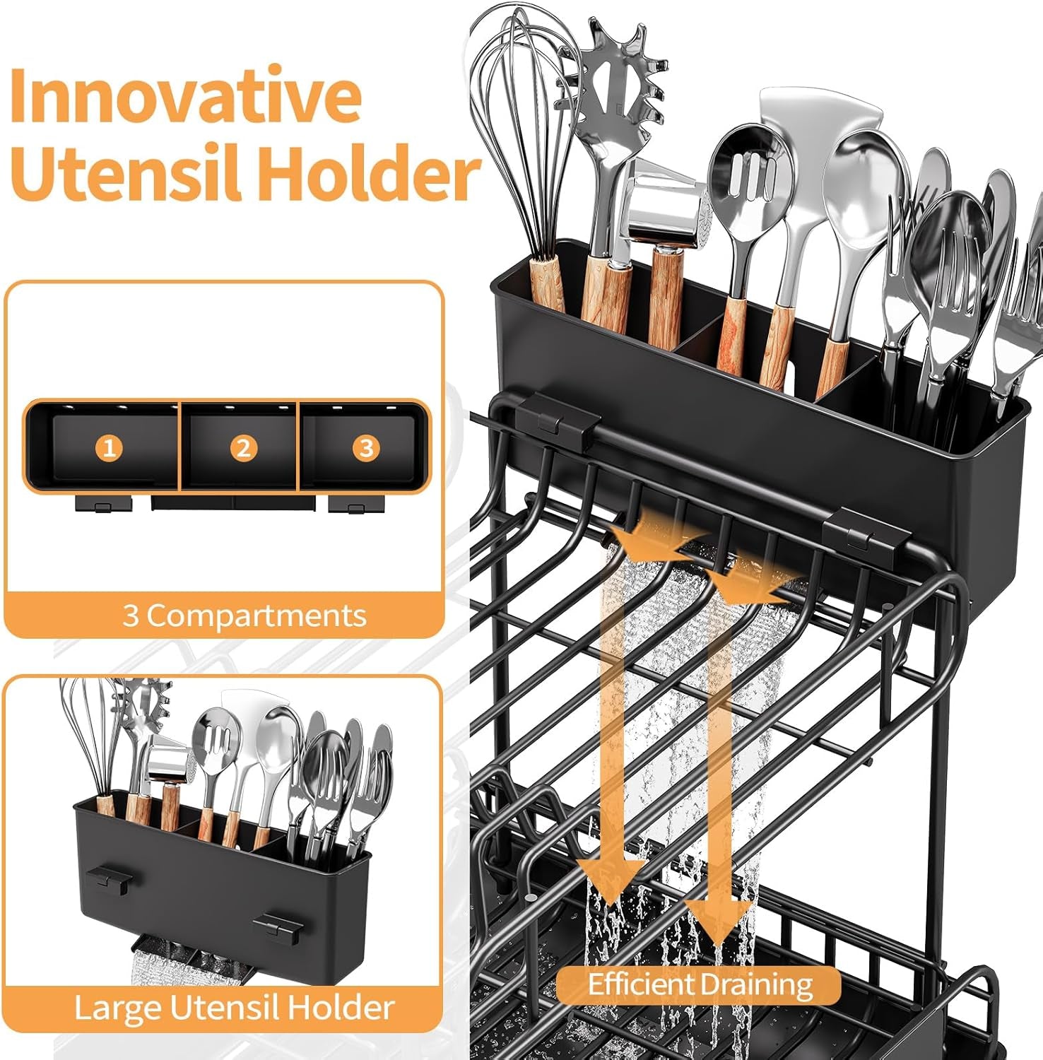 Dish Drying Rack for Kitchen Counter, Expandable 2 Tier Dish Rack, Large Capacity Dish Drainer with Drainboard Multifunctional Dish Strainer with Removable Cutlery Holder Black