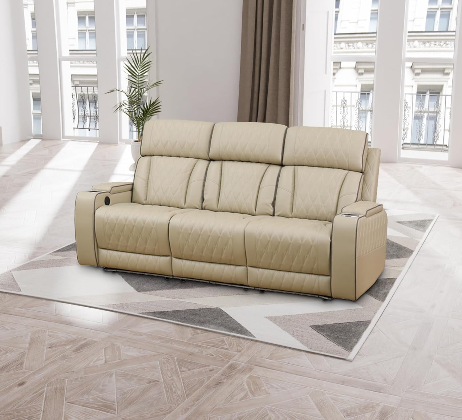 Power Recliner Sofa Set with LED, Breathing Leather Living Room Sofa Set, Power Reclining Sofa Recliner Couch with Cup Holder/Usb Ports (Sofa+Loveseat+Chair, Khaki)