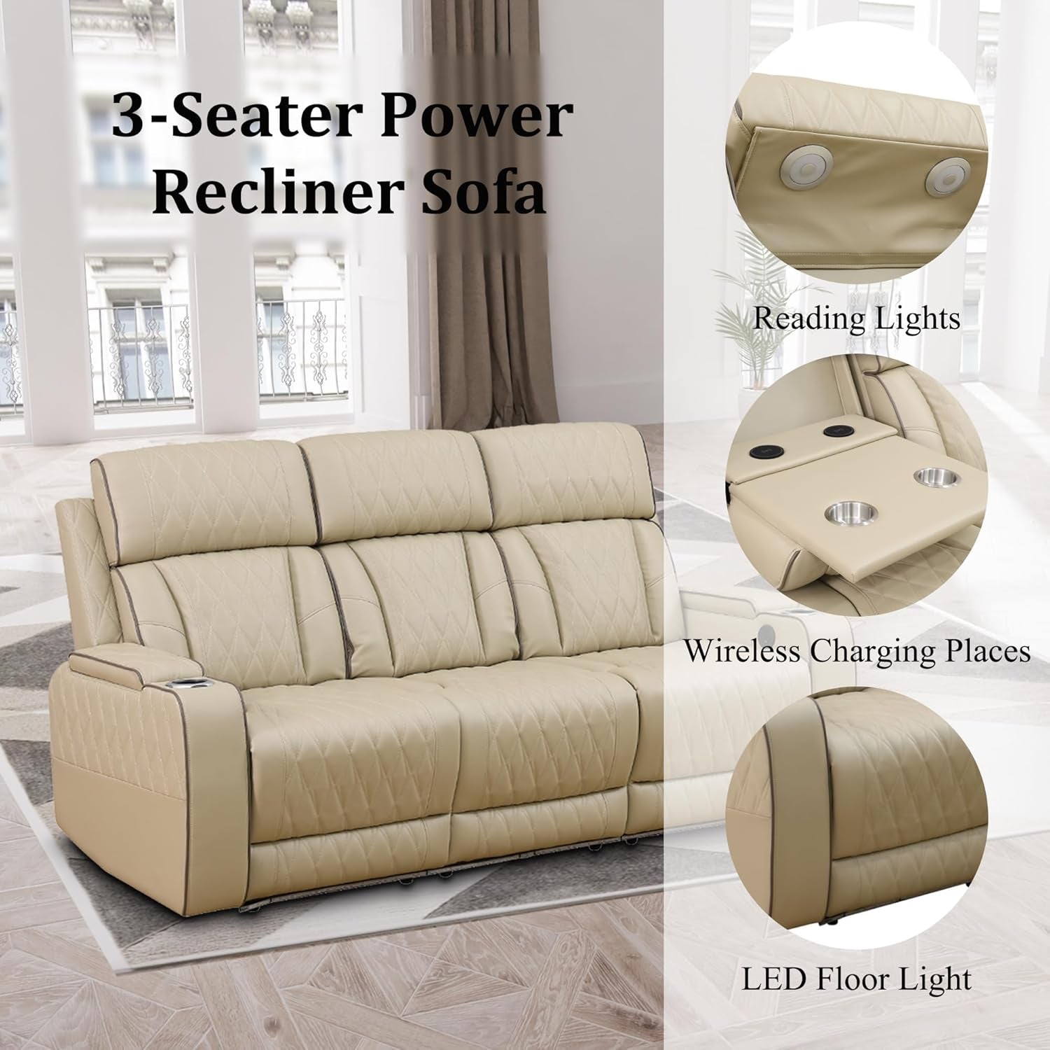 Power Recliner Sofa Set with LED, Breathing Leather Living Room Sofa Set, Power Reclining Sofa Recliner Couch with Cup Holder/Usb Ports (Sofa+Loveseat+Chair, Khaki)