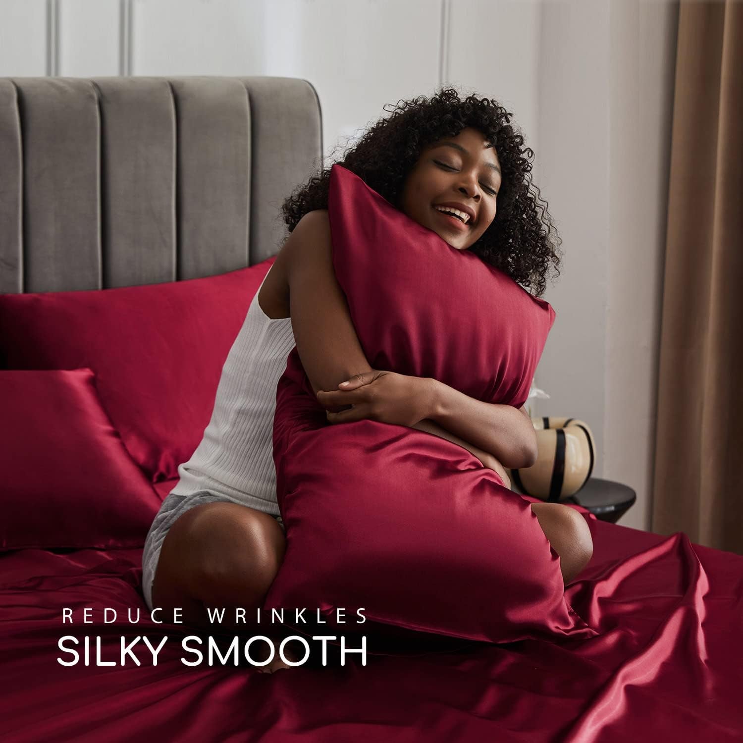 Satin Bed Sheets, Queen Size Sheets Set, 4 Pcs Silky Bedding Set with 15 Inches Deep Pocket for Mattress (Queen, Burgundy)