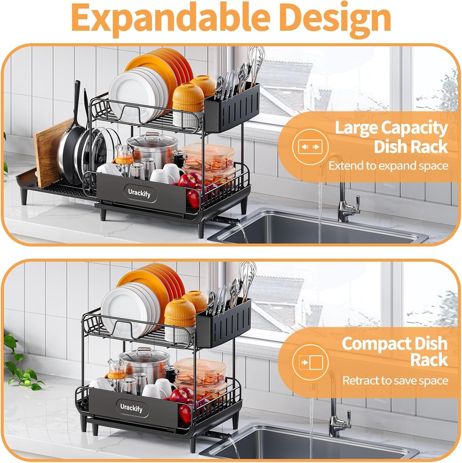 Dish Drying Rack for Kitchen Counter, Expandable 2 Tier Dish Rack, Large Capacity Dish Drainer with Drainboard Multifunctional Dish Strainer with Removable Cutlery Holder Black