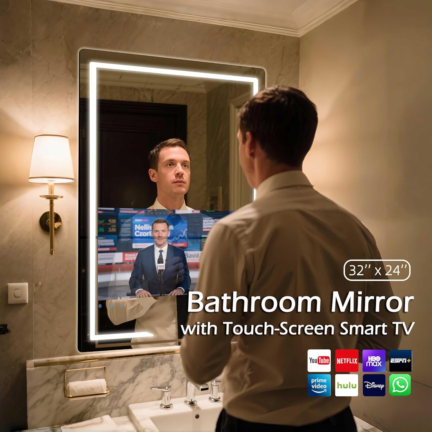 24X32'' Bathroom Vanity Mirror with 21.5'' Touch-Screen Smart TV, Streaming APP, Waterproof Defogging TV Mirror with 3 Color LED Light Wifi Bluetooth HDMI for Bathroom Hotel Hair Salon (2025)