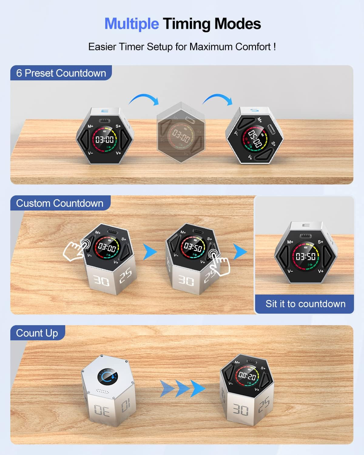 Ticktime Pomodoro Timer Cube, Hexagon Productivity Timer, Pause & Resume, Silent & Adjustable Sound Alert, for ADHD, Task, Work, Study, 3/5/10/15/25/30Min & Custom Countdown - Gray