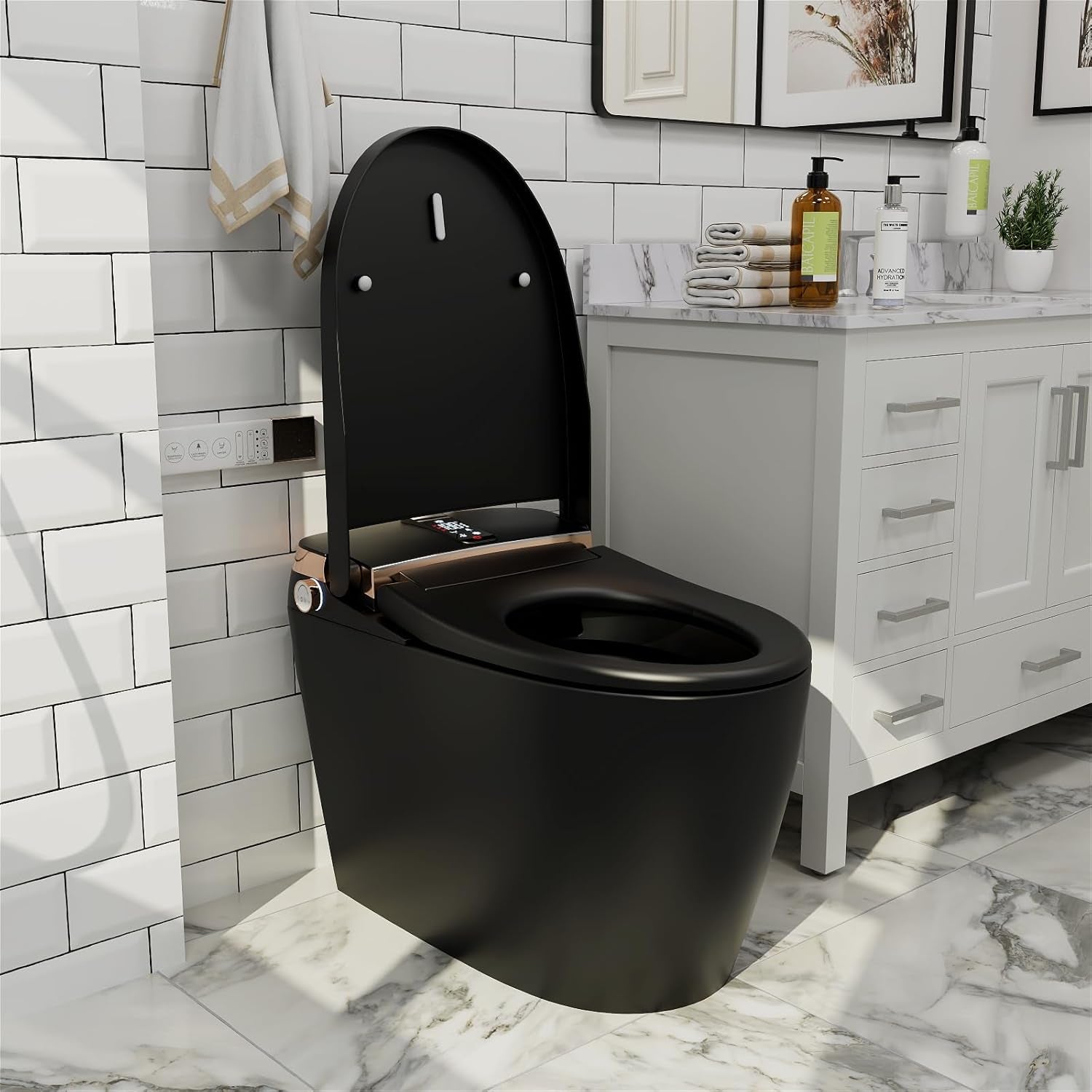 Black Smart Toilet with Auto Open Lid and Auto Flush, Modern Smart Tankless Instant Heating Toilet with Bidet Built In, Wireless Remotecontrol and Smart Knob.