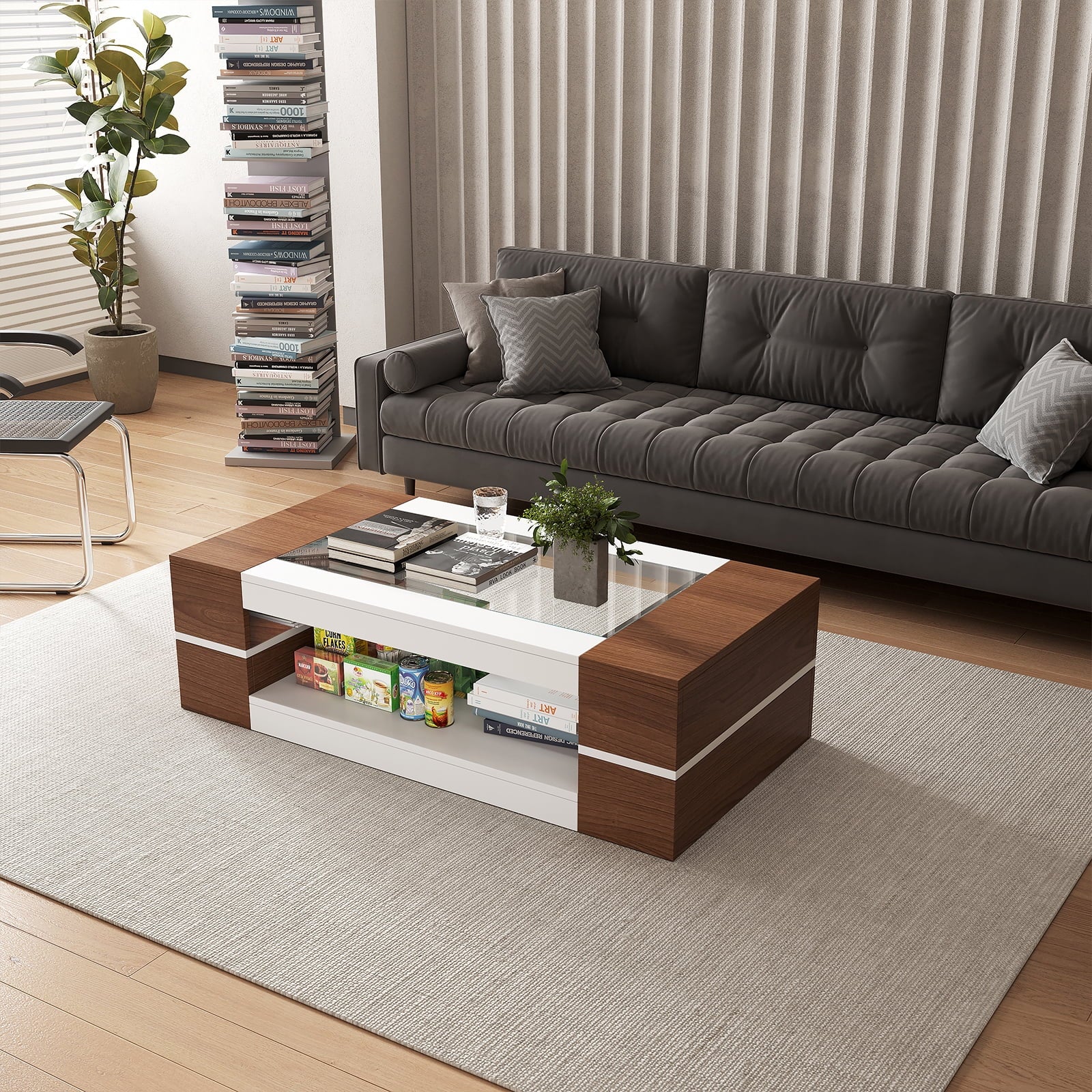 47.2" Modern White Walnut Coffee Table with Glass Top - 2-Tier Storage Design for Living Room, Reception & Dining | Sleek Rectangular Center Table