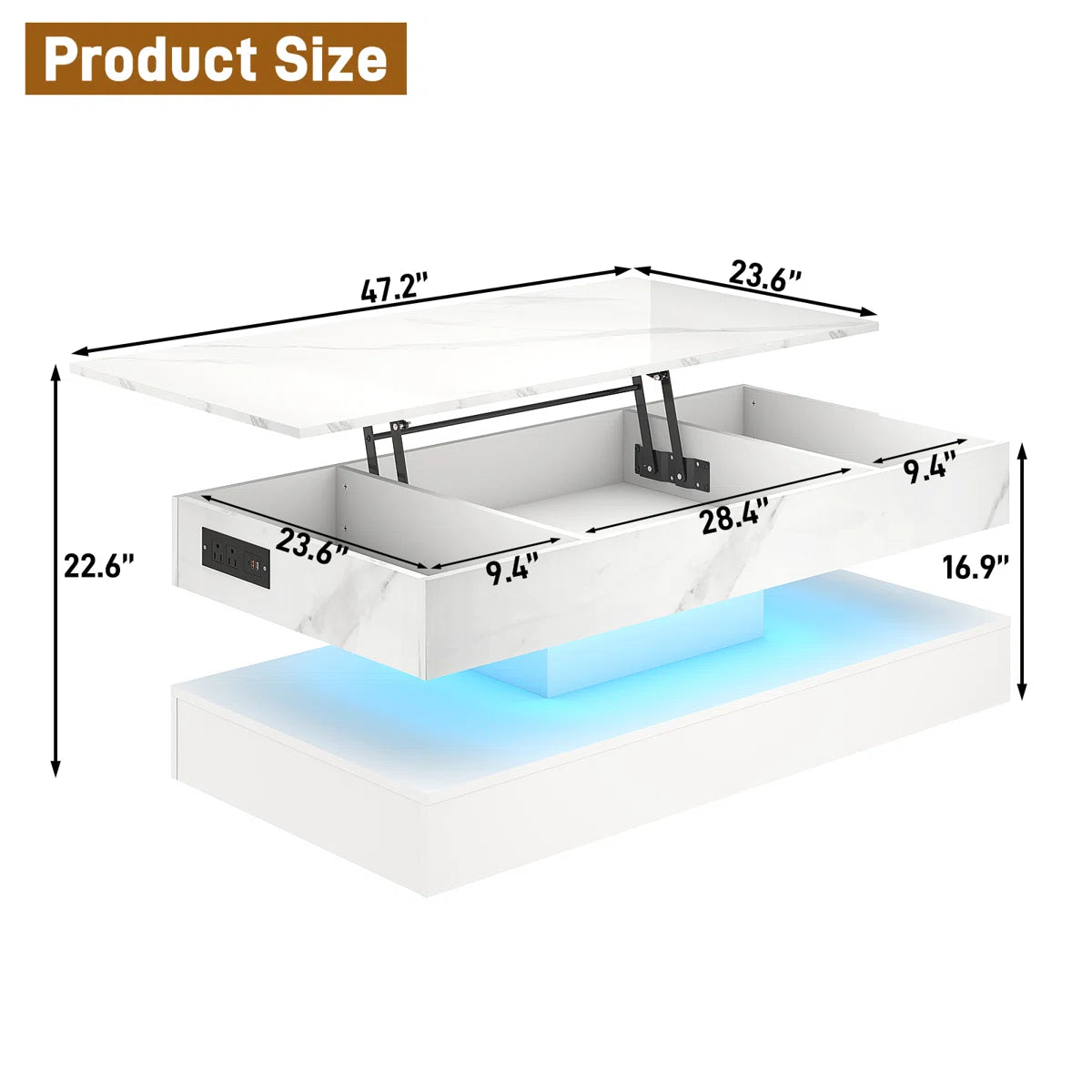 Lux SmartLift™ LED High-Gloss Coffee Table w/ Lift-Top, Hidden Storage & Built-In Charging (White Marble, 47")