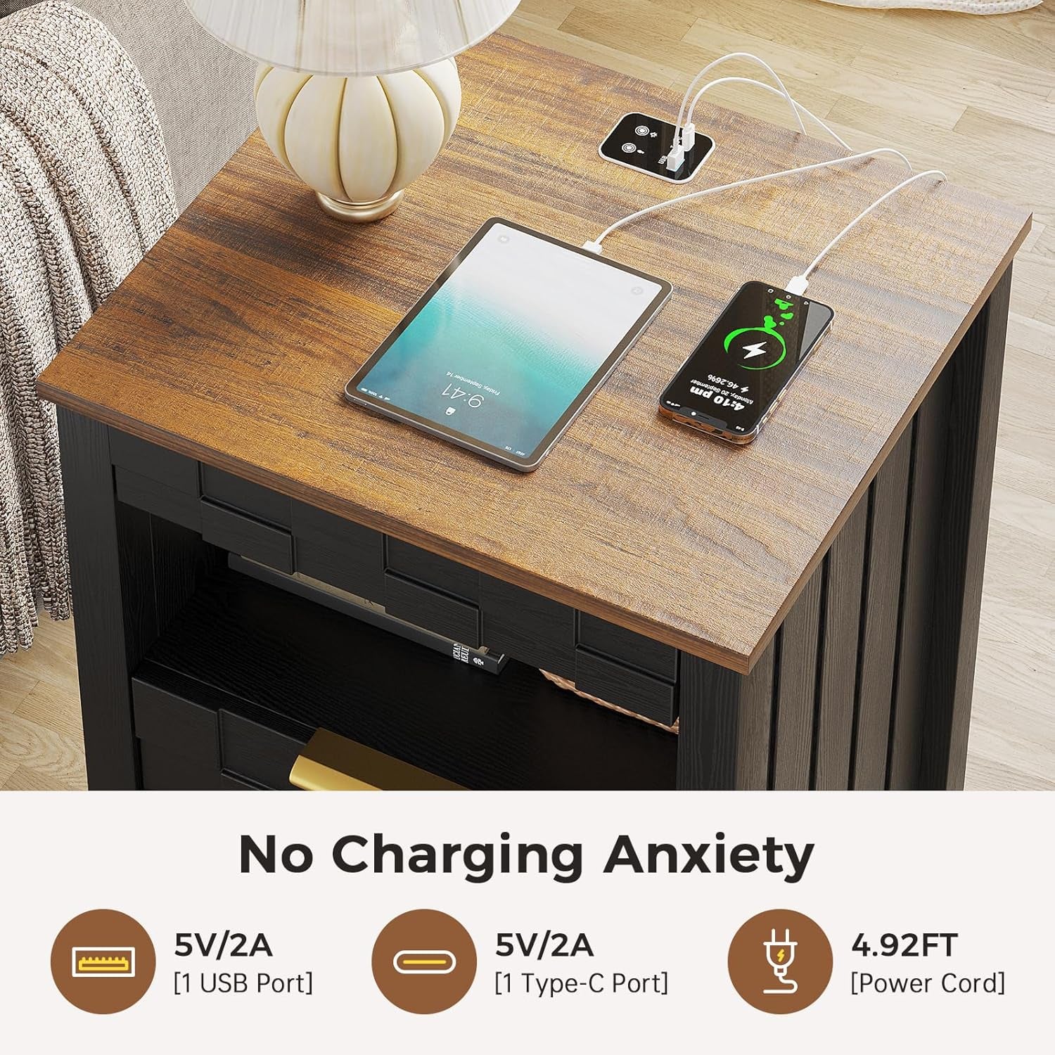 Nightstand with Gun Drawer, Bedside Table with Charging Station and 2 Drawers, Smart Side Table with 3-Color Human Sensor LED Lights for Bedroom, Black